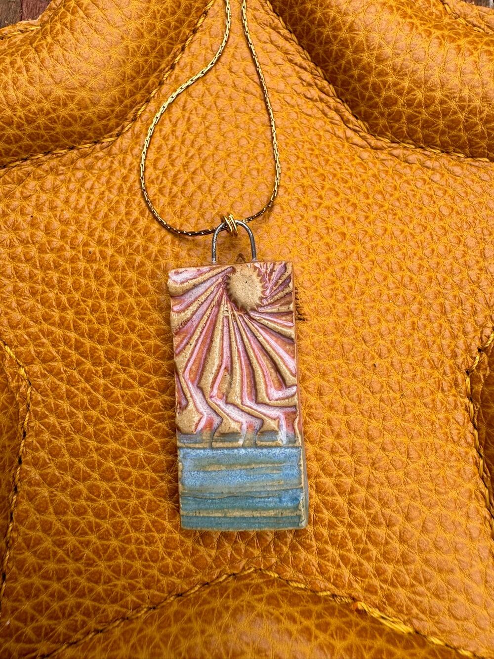 Sunburst Kiln Fired Ceramic Necklace Ceramic Rectangle Pendant Jewelry Necklace